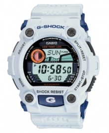 By land or by sea, this G-Shock watch stands strong. White resin strap and round case. Logo and four lugs at bezel. Shock-resistant and low temperature-resistant digital display dial features tide graph, auto EL backlight with afterglow, flash alert, moon data, world time, four daily alarms, one snooze timer and countdown timer. Quartz movement. Water resistant to 200 meters. One-year limited warranty. By land or by sea, this G-Shock watch stands strong. White resin strap and round case. Logo and four lugs at bezel. Shock-resistant and low temperature-resistant digital display dial features tide graph, auto EL backlight with afterglow, flash alert, moon data, world time, four daily alarms, one snooze timer and countdown timer. Quartz movement. Water resistant to 200 meters. One-year limited warranty.