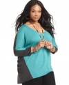 Featuring an on-trend colorblocked pattern, Soprano's three-quarter sleeve plus size top is one of the season's most-wanted styles!