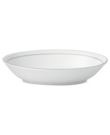 A brighter white. Royal Doulton's Finsbury serving bowl embodies chic minimalism, swept with a pretty white-on-white pattern and bands of pewter gray. Versatile bone china proves a smart choice for every day as well as entertaining. A brighter white. Royal Doulton's Finsbury serving bowl embodies chic minimalism, swept with a pretty white-on-white pattern and bands of pewter gray. Versatile bone china proves a smart choice for every day as well as entertaining.