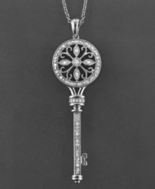 The key to chic sophistication. This diamond (1/5 ct. t.w.) encrusted key pendant is intricately crafted with enchanting, old-world detail. In sterling silver. Measures approximately 18 inches long with a 2-1/4 inch drop. The key to chic sophistication. This diamond (1/5 ct. t.w.) encrusted key pendant is intricately crafted with enchanting, old-world detail. In sterling silver. Measures approximately 18 inches long with a 2-1/4 inch drop.