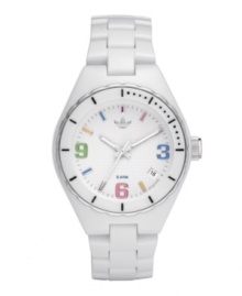 Your watch should be as fun as your workout. Colorful mini Cambridge watch by adidas crafted of white nylon plastic bracelet and round case with silver tone and white enamel bezel. White dial features multicolor numerals at three, six and nine o'clock, stick indices, minute track, date window, three hands and logo. Quartz movement. Water resistant to 50 meters. Two-year limited warranty. Your watch should be as fun as your workout. Colorful mini Cambridge watch by adidas crafted of white nylon plastic bracelet and round case with silver tone and white enamel bezel. White dial features multicolor numerals at three, six and nine o'clock, stick indices, minute track, date window, three hands and logo. Quartz movement. Water resistant to 50 meters. Two-year limited warranty.