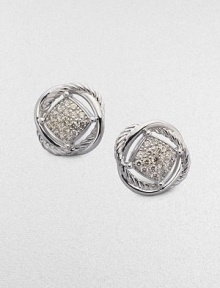 From the Infinity Collection. Gracefully intertwining bands of sterling silver, one cabled, one smooth, surround a center of radiant pavé diamonds. Diamonds, 0.36 tcw Sterling silver Diameter, about ½ Post back Imported From the Infinity Collection. Gracefully intertwining bands of sterling silver, one cabled, one smooth, surround a center of radiant pavé diamonds. Diamonds, 0.36 tcw Sterling silver Diameter, about ½ Post back Imported