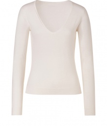 Classic pullover in sumptuous, ecru cashmere -  Wide V-neck, fine rib trim at cuffs and hem - Slim cut tapers at waist, hits at hip - An elegant staple and absolute must in any closet - Go for a classic look with a blouse and wide-leg trousers, or pair it with a leather pencil skirt and pumps for an edgier spin