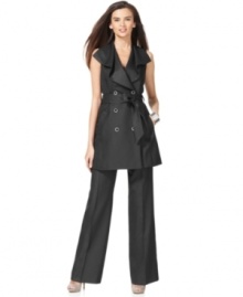 Nine west interprets the trench silhouette for spring, opting for a sleeveless look with a chic ruffled collar. The self-tie belt adds definition to this sophisticated pant suit. Nine west interprets the trench silhouette for spring, opting for a sleeveless look with a chic ruffled collar. The self-tie belt adds definition to this sophisticated pant suit.