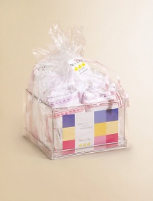 Ultra soft cotton baby essentials will set hearts aflutter with a footie, hat, bodysuit, kimono set, towel set, bodysuits, bib and blanket.Comes in a clear plastic gift box with ribbon and gift tagHat and bibTwo short-sleeved bodysuitsKimino setTowel setSnap-front footieHooded blanketFour burpclothsCottonMachine washImported Please note: Number of snaps may vary depending on size ordered. Ultra soft cotton baby essentials will set hearts aflutter with a footie, hat, bodysuit, kimono set, towel set, bodysuits, bib and blanket.Comes in a clear plastic gift box with ribbon and gift tagHat and bibTwo short-sleeved bodysuitsKimino setTowel setSnap-front footieHooded blanketFour burpclothsCottonMachine washImported Please note: Number of snaps may vary depending on size ordered.