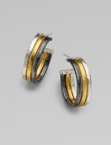 From the Skittle Collection. A rich combination of hammered metals, white and blackened sterling silver and 24k yellow gold, create a striking contrast.Sterling silver 24k yellow gold Diameter, about 1 Post backs Imported From the Skittle Collection. A rich combination of hammered metals, white and blackened sterling silver and 24k yellow gold, create a striking contrast.Sterling silver 24k yellow gold Diameter, about 1 Post backs Imported