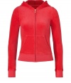 Kick-start your new season off-duty look with Juicy Coutures radiant red velour hoodie - Hooded, front zip closure, long sleeves, split kangaroo pocket - Slim fit - Pair with matching pants, favorite jeans, or mini-skirts