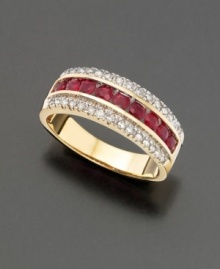 This band ring boasts round-cut rubies (9/10 ct. t.w.) and sparkling round-cut diamond accents. Set in 14k gold. This band ring boasts round-cut rubies (9/10 ct. t.w.) and sparkling round-cut diamond accents. Set in 14k gold.