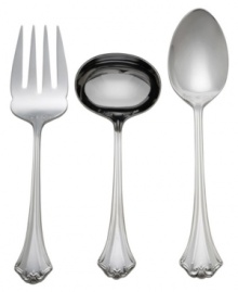 Founded in the mid-nineteenth century, the decorative metalware manufacturer Reed & Barton remains a leader in the industry. Its dedication to old-world craftsmanship and superb design makes its flatware distinctive in character, whether on the formal entertaining table or for everyday use. The charming Country French 3-piece servings set is crafted of superior-quality 18/8 stainless steel and features a fluted, fan-shaped handle with delicate scroll detailing. Founded in the mid-nineteenth century, the decorative metalware manufacturer Reed & Barton remains a leader in the industry. Its dedication to old-world craftsmanship and superb design makes its flatware distinctive in character, whether on the formal entertaining table or for everyday use. The charming Country French 3-piece servings set is crafted of superior-quality 18/8 stainless steel and features a fluted, fan-shaped handle with delicate scroll detailing.