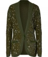 Shimmer into new season splendor in LWren Scotts allover sequined cashmere cardigan, exquisitely crafted with rich olive caviar beads - Ribbed knit shawl collar, long sleeves, ribbed knit cuffs and trim, velvet trimmed front slit pockets, single velvet button closure - Fitted - Pair with slim-fitting separates and streamlined leather accessories