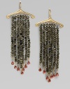 Pyrite and black spinel beaded fringe with garnet drops and gold accents.Pyrite & black spinel Garnet 14K gold 10K gold Length, about 3 Width, about 1¼ French earwires Imported 