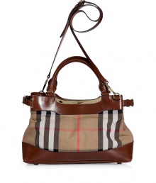 Updated with sleek modern hardware and detailed in the brands house check, Burberry Londons convertible leather trimmed tote counts as a multi-season must - Double top handles, removable belted shoulder strap, belted side straps, gold-toned logo hardware, magnetic top snaps, two internal sections with a zippered middle pocket, inside back wall zippered pocket, protective feet - Carry as a sophisticated compliment to polished daytime looks Updated with sleek modern hardware and detailed in the brands house check, Burberry Londons convertible leather trimmed tote counts as a multi-season must - Double top handles, removable belted shoulder strap, belted side straps, gold-toned logo hardware, magnetic top snaps, two internal sections with a zippered middle pocket, inside back wall zippered pocket, protective feet - Carry as a sophisticated compliment to polished daytime looks