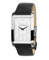 Emporio Armani gives a modern spirit to the classic dress watch. Black leather strap and rectangular stainless steel case. Silver tone dial features Roman numerals at markers, black minute track, two hands and logo at twelve o'clock. Quartz movement. Water resistant to 30 meters. Two-year limited warranty.