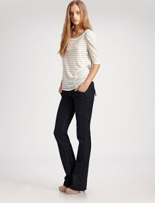 Classic bootcut denim in a sophisticated dark wash with double button-front closure and back button-flap back pockets.THE FITFitted through hips and thighs Rise, about 7¾ Inseam, about 34½THE DETAILSZip fly Five-pocket style 98% cotton/2% polyurethane; machine wash Made in USA Classic bootcut denim in a sophisticated dark wash with double button-front closure and back button-flap back pockets.THE FITFitted through hips and thighs Rise, about 7¾ Inseam, about 34½THE DETAILSZip fly Five-pocket style 98% cotton/2% polyurethane; machine wash Made in USA