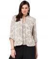 A sparkly printed jacket and cami with crisp piped trim makes an elegant option for an evening out. Pair with this plus size ensemble with dressy chiffon pants or your favorite floor-length skirt for a dazzling look.