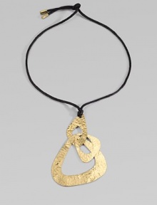Artful and elegant interlocking organic shapes, rendered in gleaming, hammered brass.BrassCotton cording Length, about 14Pendant, about 3½W X 5HTie closure with brass tipsImported Artful and elegant interlocking organic shapes, rendered in gleaming, hammered brass.BrassCotton cording Length, about 14Pendant, about 3½W X 5HTie closure with brass tipsImported