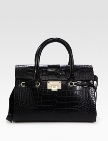 Gorgeous croc-stamped leather adds a touch of luxury to this structured flap-top bag.Double top handles, 4½ dropAdjustable detachable shoulder strap, 9¾-23 dropFlap-lock closureProtective metal feetOne inside zip pocketOne inside open pocketSuede lining13½W X 9¾H X 5¼DMade in Italy Gorgeous croc-stamped leather adds a touch of luxury to this structured flap-top bag.Double top handles, 4½ dropAdjustable detachable shoulder strap, 9¾-23 dropFlap-lock closureProtective metal feetOne inside zip pocketOne inside open pocketSuede lining13½W X 9¾H X 5¼DMade in Italy