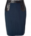 Ultra stylish navy A-line skirt from Raoul -Leather button-front and tie-back details add instant chic to this A-line skirt - Classic A-line silhouette, front kick pleat, hidden side zipper -Wear with a tie-neck blouse, patterned tights, and platforms