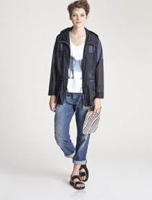Subtle colorblocking lends a modern, chic edge to this classically sporty all-weather style.Attached hood with drawstringZip frontFour flap patch pocketsLong raglan sleeves with banded velcro cuffsDrawstring waistNylon/polyurethaneDry cleanImportedModel shown is 5'10 (177cm) wearing US size 4. Subtle colorblocking lends a modern, chic edge to this classically sporty all-weather style.Attached hood with drawstringZip frontFour flap patch pocketsLong raglan sleeves with banded velcro cuffsDrawstring waistNylon/polyurethaneDry cleanImportedModel shown is 5'10 (177cm) wearing US size 4.