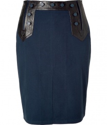 Ultra stylish navy A-line skirt from Raoul -Leather button-front and tie-back details add instant chic to this A-line skirt - Classic A-line silhouette, front kick pleat, hidden side zipper -Wear with a tie-neck blouse, patterned tights, and platforms Ultra stylish navy A-line skirt from Raoul -Leather button-front and tie-back details add instant chic to this A-line skirt - Classic A-line silhouette, front kick pleat, hidden side zipper -Wear with a tie-neck blouse, patterned tights, and platforms