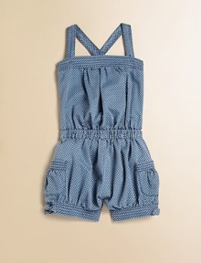 The perfect seasonal romper features criss cross straps, pockets, sweet bows and lots of perky polka dots.SquareneckSleeveless with criss cross strapsAdjustable straps with buttonsElastic waistSide patch pocketsBow detail on hemCottonMachine washImported The perfect seasonal romper features criss cross straps, pockets, sweet bows and lots of perky polka dots.SquareneckSleeveless with criss cross strapsAdjustable straps with buttonsElastic waistSide patch pocketsBow detail on hemCottonMachine washImported