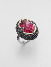 From the Laguna Collection. An oval design with a faceted fuchsia quartz surrounded by rich black spinels set in sterling silver accented by 18k gold. Black spinelFuchsia quartzSterling silver18k goldImported 