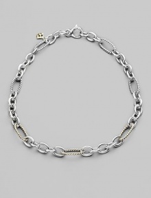 A stunning combination of cabled and smooth, oval and round links in sterling silver, with occasional links of 18k yellow gold. Sterling silver and 18k yellow gold Length, about 16 Lobster clasp Made in USA A stunning combination of cabled and smooth, oval and round links in sterling silver, with occasional links of 18k yellow gold. Sterling silver and 18k yellow gold Length, about 16 Lobster clasp Made in USA