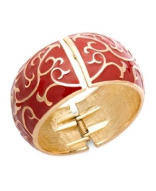 Stack your wrists with bold, vibrant styles. Charter Club's fancy bangle bracelet features a scrolling pattern in red enamel. Crafted in gold tone mixed metal. Secures with a hinge clasp. Approximate diameter: 2-1/2 inches. Stack your wrists with bold, vibrant styles. Charter Club's fancy bangle bracelet features a scrolling pattern in red enamel. Crafted in gold tone mixed metal. Secures with a hinge clasp. Approximate diameter: 2-1/2 inches.