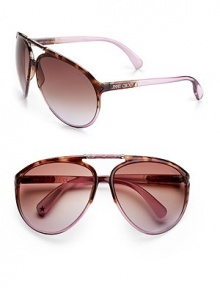 Leather accented double bridge plastic frames. Available in havana aqua with gray gradient lens or havana violet with brown gradient lens. Logo temples Logo etched lens 100% UV protection Made in Italy Leather accented double bridge plastic frames. Available in havana aqua with gray gradient lens or havana violet with brown gradient lens. Logo temples Logo etched lens 100% UV protection Made in Italy