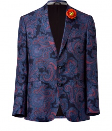 With a sophisticated paisley print and a quirky-cool boutonniere, this Etro blazer is perfect for the modern dandy - Notched lapels, two-button closure, flap pockets, paisley print, boutonniere - Style with slim trousers, a sleek button down, and dress shoes With a sophisticated paisley print and a quirky-cool boutonniere, this Etro blazer is perfect for the modern dandy - Notched lapels, two-button closure, flap pockets, paisley print, boutonniere - Style with slim trousers, a sleek button down, and dress shoes