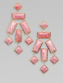 A stunning, geometric design with pretty rodocrosite stones set in 18k goldplated sterling silver. 18k goldplated sterling silverRhodocrositeLength, about 2Surgical steel post backImported 