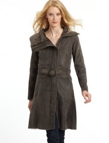 THE LOOKFold-over collarZip frontLong sleeves with zip closuresElastic waist with removable buckled beltDual slit pocketsTHE FITAbout 33 from shoulder to hemTHE MATERIALDyed shearlingCARE & ORIGINDry clean by fur specialistImportedFur origin: China THE LOOKFold-over collarZip frontLong sleeves with zip closuresElastic waist with removable buckled beltDual slit pocketsTHE FITAbout 33 from shoulder to hemTHE MATERIALDyed shearlingCARE & ORIGINDry clean by fur specialistImportedFur origin: China