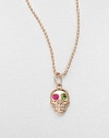 From the Edge Collection. A 14k rose gold skull with ruby and green garnet eyes on a ball chain. 14k rose goldRuby and green garnetLength, about 16Pendant size, about .4 Lobster clasp closureMade in Italy and imported