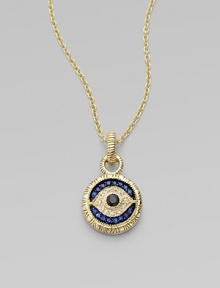 Textured links of 18K yellow gold hold a protective evil eye, radiantly formed of white, blue and black sapphires.Sapphires14K yellow goldChain length, about 17Pendant diameter, about ¾Lobster claspImported Textured links of 18K yellow gold hold a protective evil eye, radiantly formed of white, blue and black sapphires.Sapphires14K yellow goldChain length, about 17Pendant diameter, about ¾Lobster claspImported