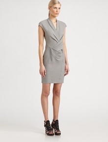 Featherweight wool suiting tucked and gathered in a structured crossover sheath.V necklineCap sleevesPleated crossover panelsPrincess seamsSide zipperAbout 20 from natural waist75% viscose/23% wool/2% elastaneDry cleanImported of Italian fabricModel shown is 5'10 (177cm) wearing US size 4. Featherweight wool suiting tucked and gathered in a structured crossover sheath.V necklineCap sleevesPleated crossover panelsPrincess seamsSide zipperAbout 20 from natural waist75% viscose/23% wool/2% elastaneDry cleanImported of Italian fabricModel shown is 5'10 (177cm) wearing US size 4.