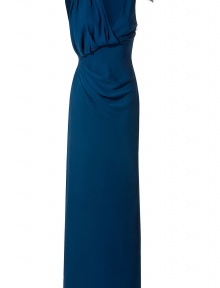 Luxurious evening gown in fine saphire blue silk - outstanding pleasant and noble quality - slim loose falling top with elegant asymmetrical drape which sexily accentuates the silhouette - decorative reaped straps, one broad, one slim, with fashionable brooch - high added straight skirt in floor length - glamorous and sexy, noble and modern, simply a beautiful evening dress in a great fashion color - pair with noble sandals