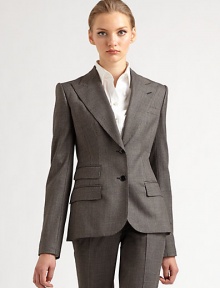 Exquisite wool, in a menswear-inspired silhouette accented with three flap pockets in a classic houndstooth print.Peaked lapels with buttonhole detailButton frontFlap pocketsWelt pocketButton cuffsDouble back ventsAbout 26 from shoulder to hem98% virgin wool/2% elastaneDry cleanMade in Italy of imported fabric Model shown is 5'10 wearing US size 4. Exquisite wool, in a menswear-inspired silhouette accented with three flap pockets in a classic houndstooth print.Peaked lapels with buttonhole detailButton frontFlap pocketsWelt pocketButton cuffsDouble back ventsAbout 26 from shoulder to hem98% virgin wool/2% elastaneDry cleanMade in Italy of imported fabric Model shown is 5'10 wearing US size 4.