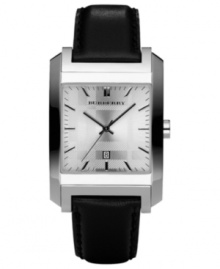 This Burberry timepiece features a black leather strap and square stainless steel case. Etched silvertone dial with silvertone stick indices, logo and date window. Swiss made. Quartz movement. Water resistant to 50 meters. Two-year limited warranty.