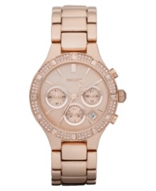 Warm up to the hottest new timepiece trend: rose-gold hues adorned with shimmering crystals, by DKNY.