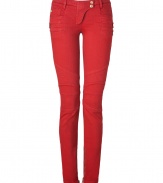 Rock n roll style goes ultra-luxe with these of-the-moment bright red skinny jeans from Balmain - Snap tab closure, belt loops, quilted panels at top, sides, knees, and back pockets, multiple side zip pockets, inside ankle zips - Skinny fit, biker-style - Wear with an oversized top, a cropped blazer, and platform heels