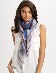 Luxurious cashmere and silk in a graphic print in a myriad of colors. 70% cashmere/30% silkAbout 54 X 54Dry cleanMade in Italy Luxurious cashmere and silk in a graphic print in a myriad of colors. 70% cashmere/30% silkAbout 54 X 54Dry cleanMade in Italy