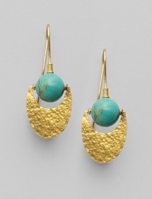 From the Lobe Collection. A round turquoise bead and hammered 24K gold crescent in a modern, chic design.Turquoise 24K gold Length, about 1½ Width, about ½ Ear hooks Imported From the Lobe Collection. A round turquoise bead and hammered 24K gold crescent in a modern, chic design.Turquoise 24K gold Length, about 1½ Width, about ½ Ear hooks Imported