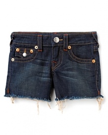 A summer staple from True Religion, the Dolly cut-offs are outfitted with flap coin and back pockets and contrast topstitching for a cool, carefree warm-weather look. A summer staple from True Religion, the Dolly cut-offs are outfitted with flap coin and back pockets and contrast topstitching for a cool, carefree warm-weather look.