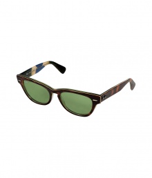 Detailed with a vintage 60s lens color, Ray-Bans Laramie two-tone frames are a sexy way to stay stylish in the sun - Part of a special series of limited prints - Mock tortoise plastic frames with cream border and tonal blue/olive patterned reverse, vintage colored crystal green lenses, signature logo on both temples - Lens filter category 2 - Comes with a coral-colored logo-stamped semi-hard carrying case - A chic choice for all four seasons