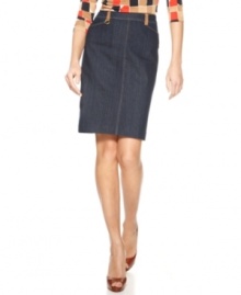 Chic, sleek and always sharp, this denim pencil skirt from Ellen Tracy is a warm-weather essential. Quirky details like contrasting belt loops make it anything but basic. Chic, sleek and always sharp, this denim pencil skirt from Ellen Tracy is a warm-weather essential. Quirky details like contrasting belt loops make it anything but basic.