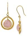 Textured gold and rose quartz come together in Coralia Leets framed drop earrings. Rich 22K gold plating brings out the stone's natural beauty for goddess-like glamour.