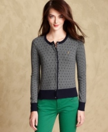Tommy Hilfiger's polka-dot cardigan offers a preppy touch to any ensemble. Pair it with bright separates or with a chic little dress. Tommy Hilfiger's polka-dot cardigan offers a preppy touch to any ensemble. Pair it with bright separates or with a chic little dress.