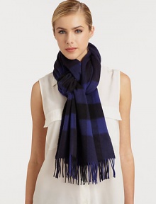 Indulgent cashmere with fringed ends in a signature check pattern. CashmereAbout 14 X 79Dry cleanMade in UK Indulgent cashmere with fringed ends in a signature check pattern. CashmereAbout 14 X 79Dry cleanMade in UK
