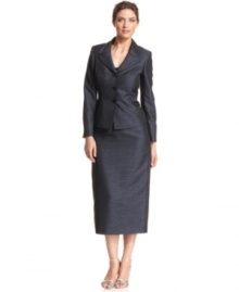 Take your look to stylish new lengths with Le Suit's elongated skirt suit. Delicate pleats at the lapels add a dramatic flourish to a well-cut jacket. Take your look to stylish new lengths with Le Suit's elongated skirt suit. Delicate pleats at the lapels add a dramatic flourish to a well-cut jacket.