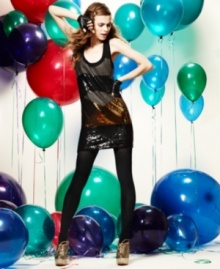Dress to kill in this shimmery mini from XOXO that flaunts alternating colors of sequins and tough, industrial-chic studs. Dress to kill in this shimmery mini from XOXO that flaunts alternating colors of sequins and tough, industrial-chic studs.